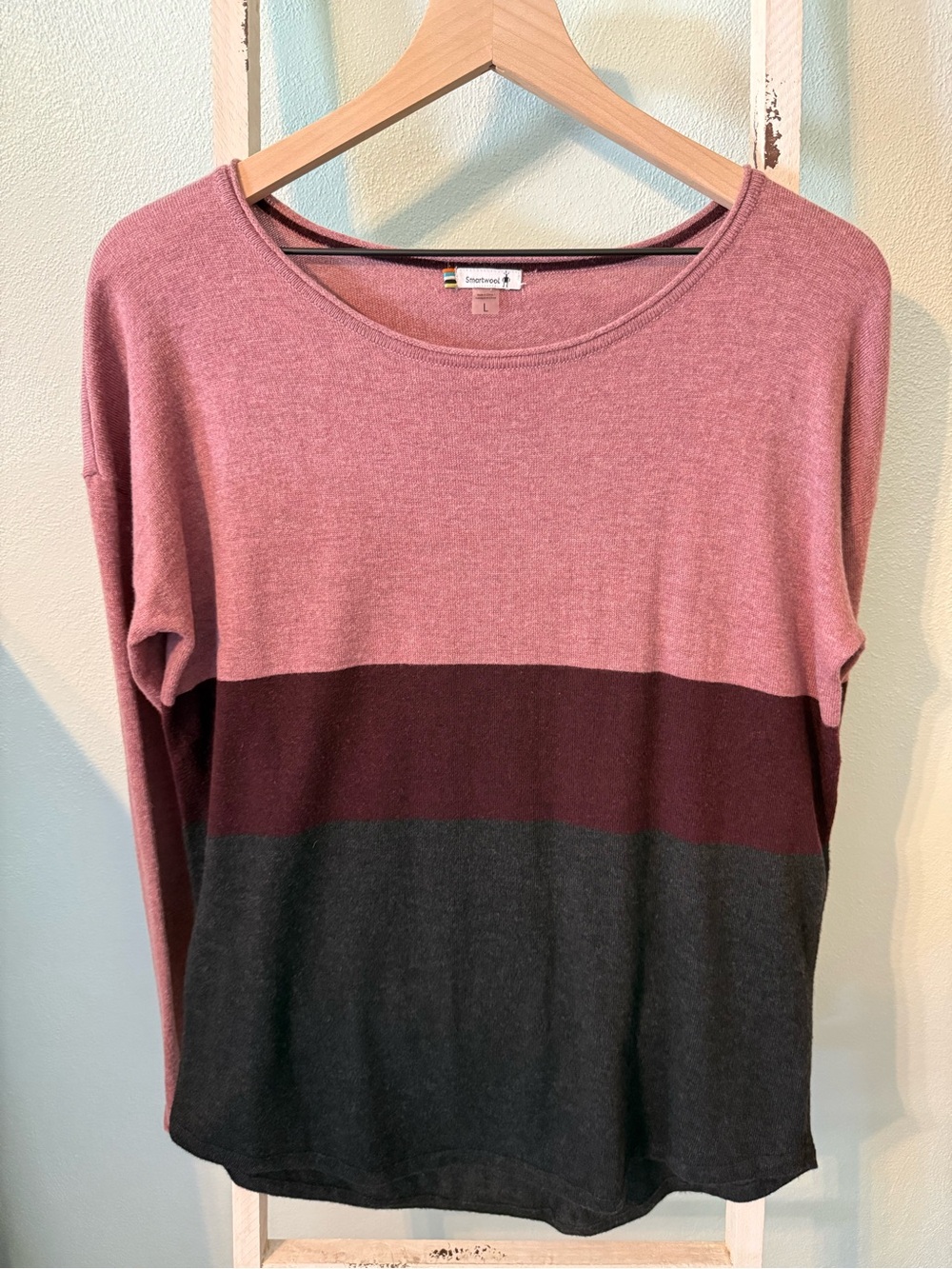Smartwool Wool Silk Blend Color Block Sweater Gray Pink Maroon Women Size L